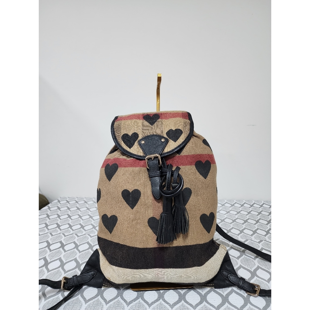 BURBERRY Leather Canvas Check Heart Print Backpack Bag Black/Beige